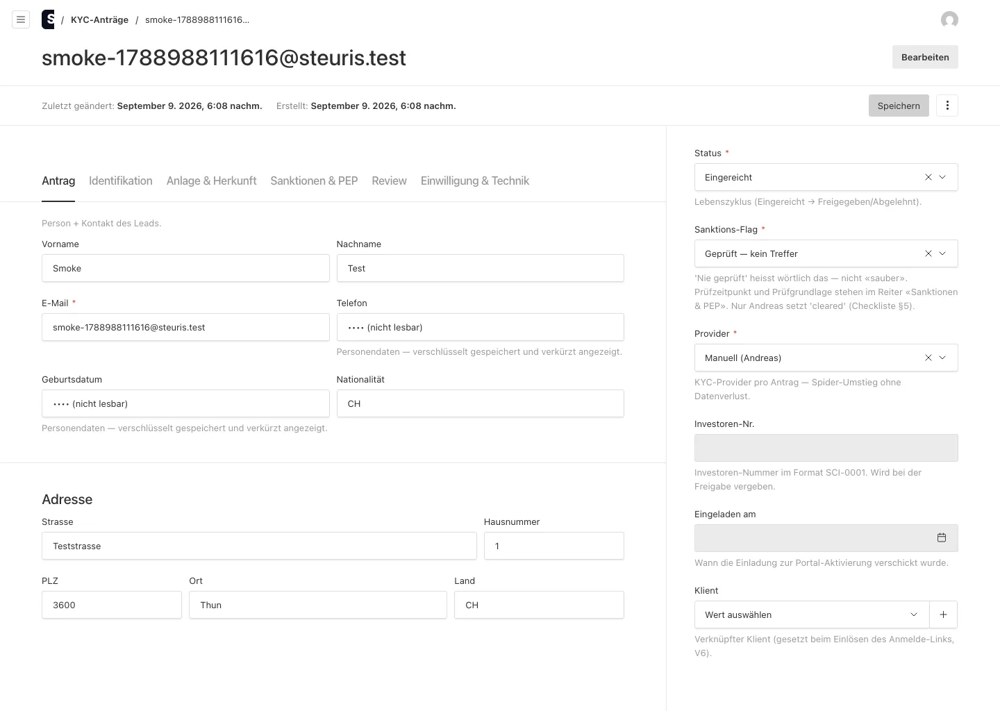 Review screen of an application with status, sanctions flag and partly unreadable personal data