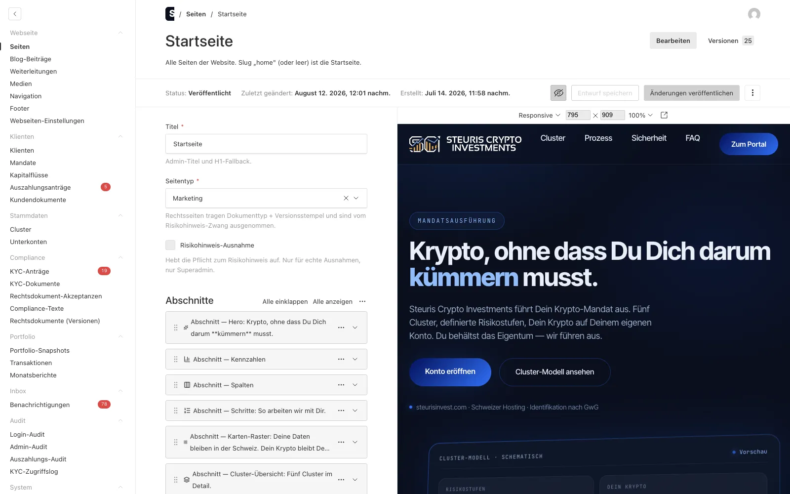 Payload back office with the home page: section list on the left, live preview on the right