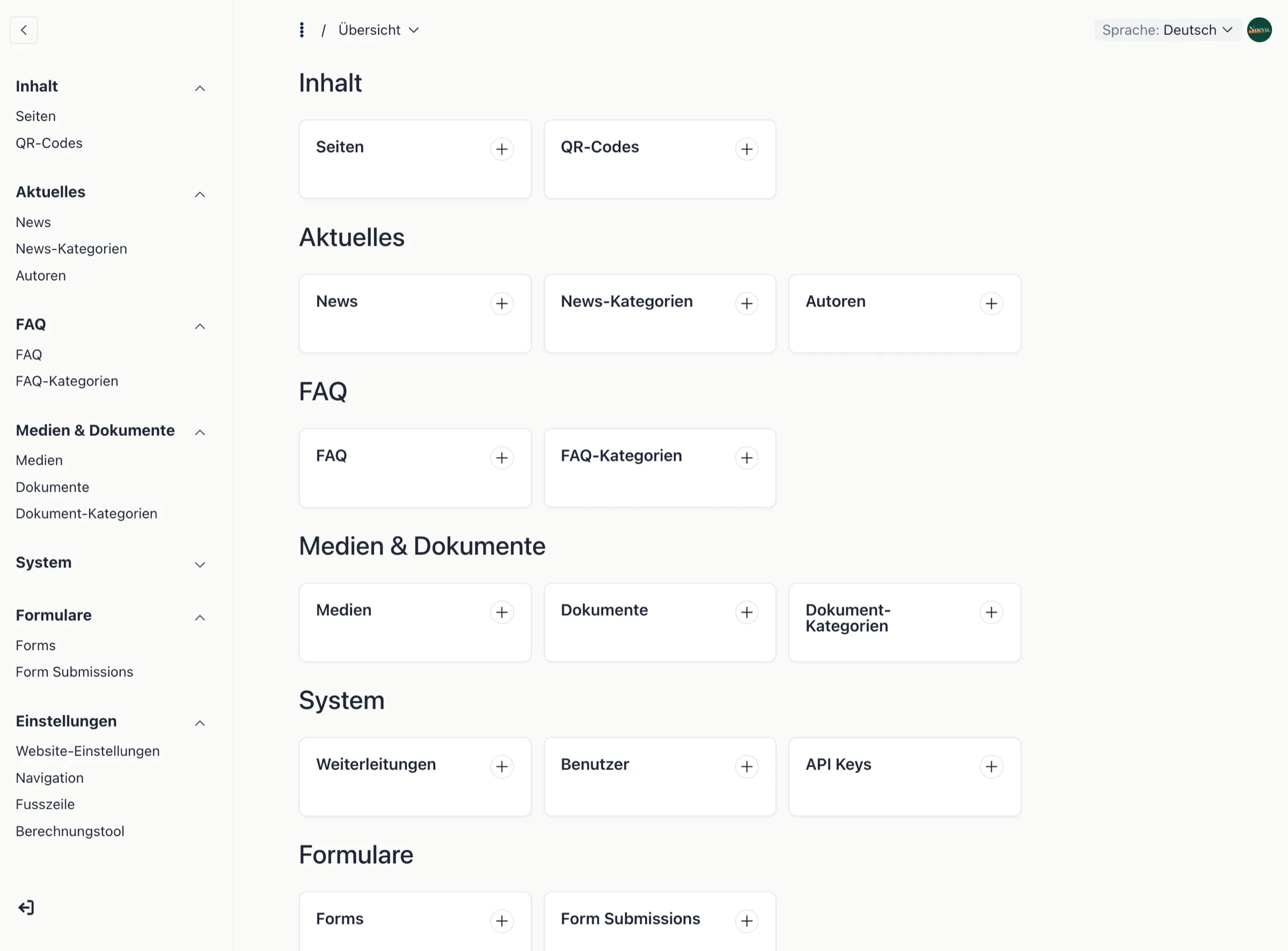 Visão geral no admin da VRM: conteúdo, notícias, FAQ, documentos, mídia e configurações