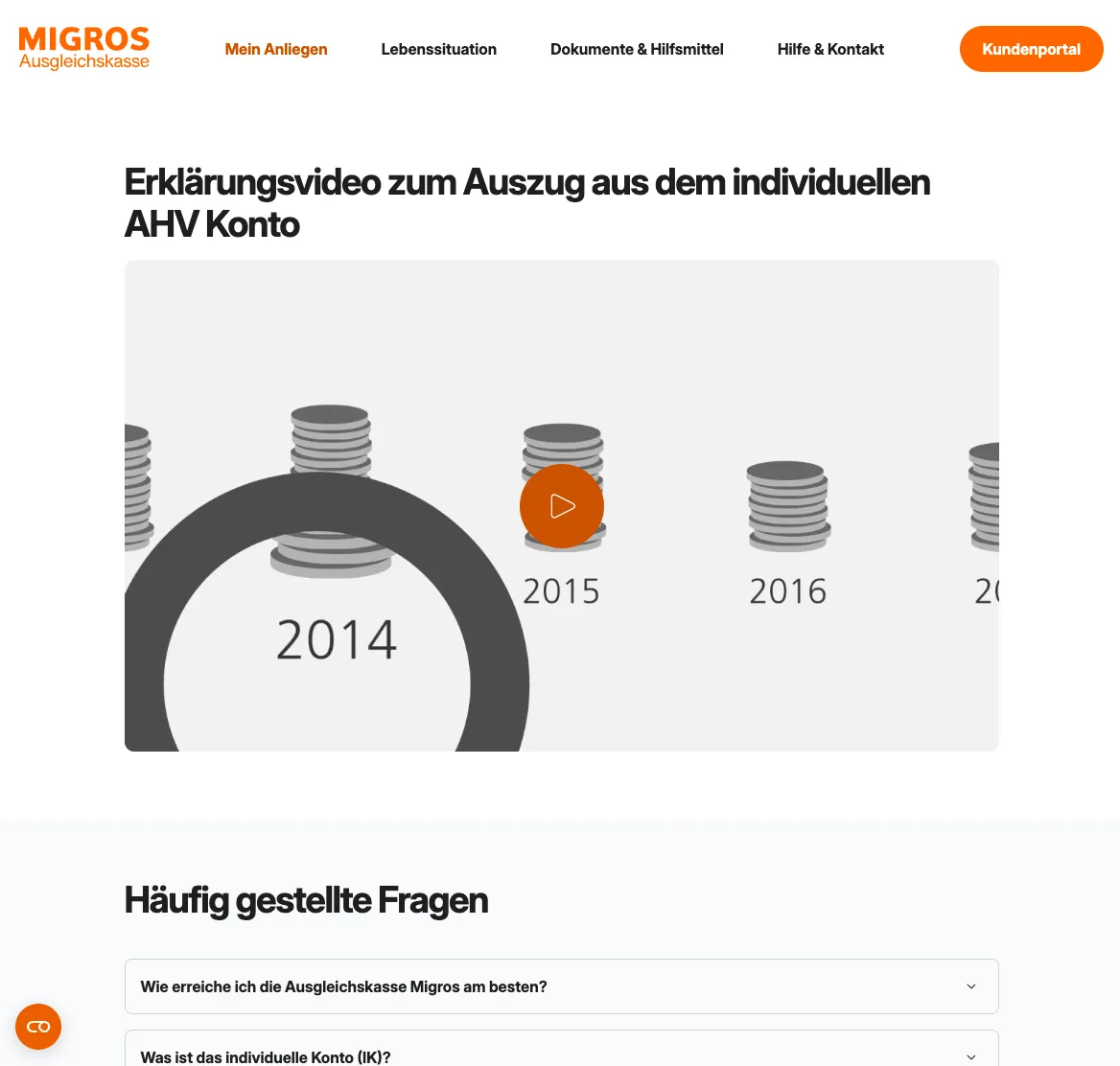 AHV Beitragskarriere Dialogfenster auf der Ausgleichskasse Migros Website