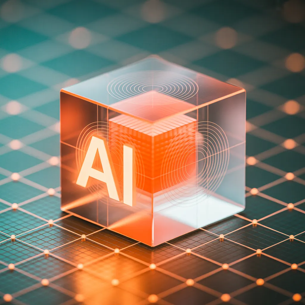 Leuchtender AI-Glaskubus auf tealfarbenem Netzwerk — AI und Automatisierung