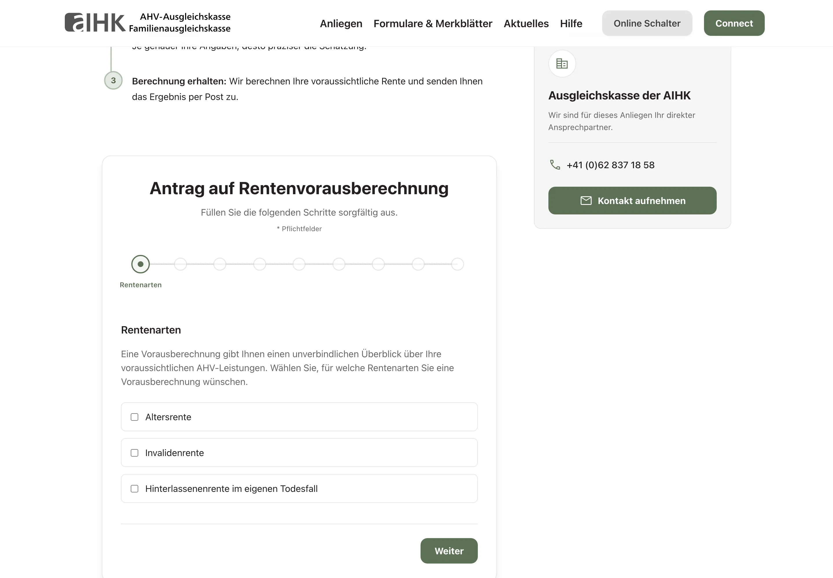 Screenshot of the AIHK compensation fund's pension pre-calculation form: multi-step form with a progress indicator and selection of pension types.