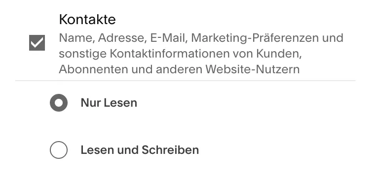 Squarespace-Dialog «API-Schlüssel generieren»: Berechtigung Kontakte mit vorausgewähltem «Nur Lesen» und der Option «Lesen und Schreiben»