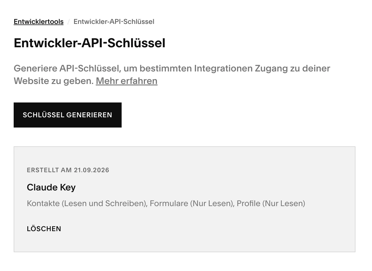 Squarespace-Übersicht «Entwickler-API-Schlüssel»: ein Schlüssel mit Kontakte (Lesen und Schreiben), Formulare und Profile (Nur Lesen)