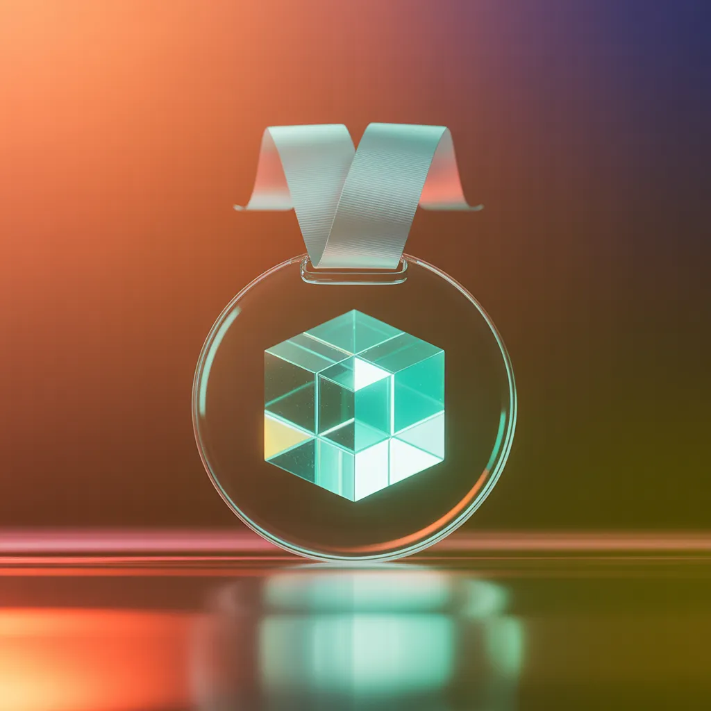 Medalha de vidro translúcido com cubo de cristal no centro — simboliza o certificado Noevu Certified