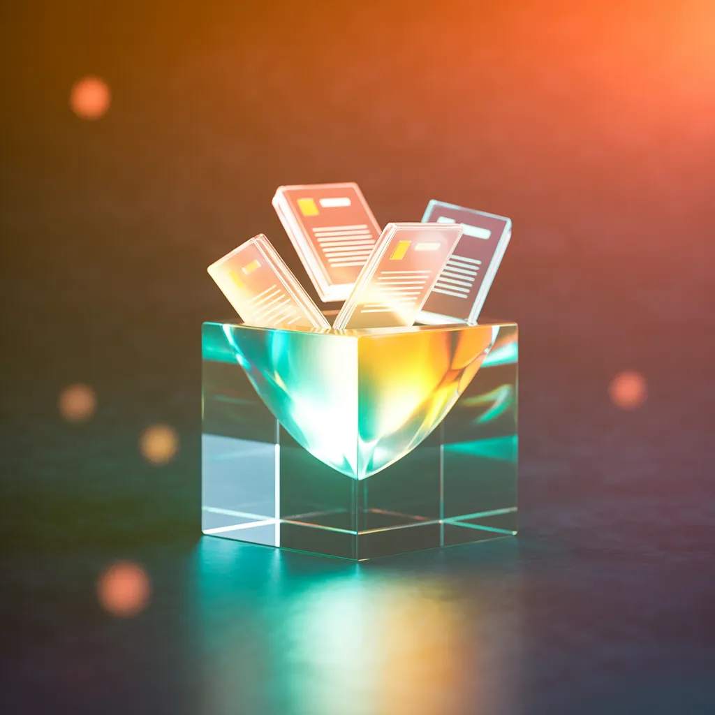 Translucent glass cube with glowing crystal and floating documents — symbolises Custom GPTs and Gems