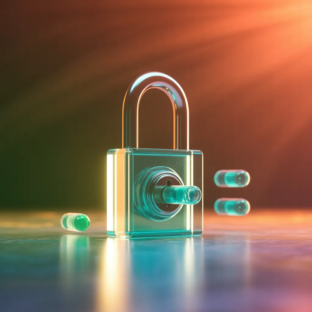 Translucentes Glas-Vorhängeschloss mit Toggle-Schaltern — symbolisiert Datenschutz-Einstellungen in KI-Tools