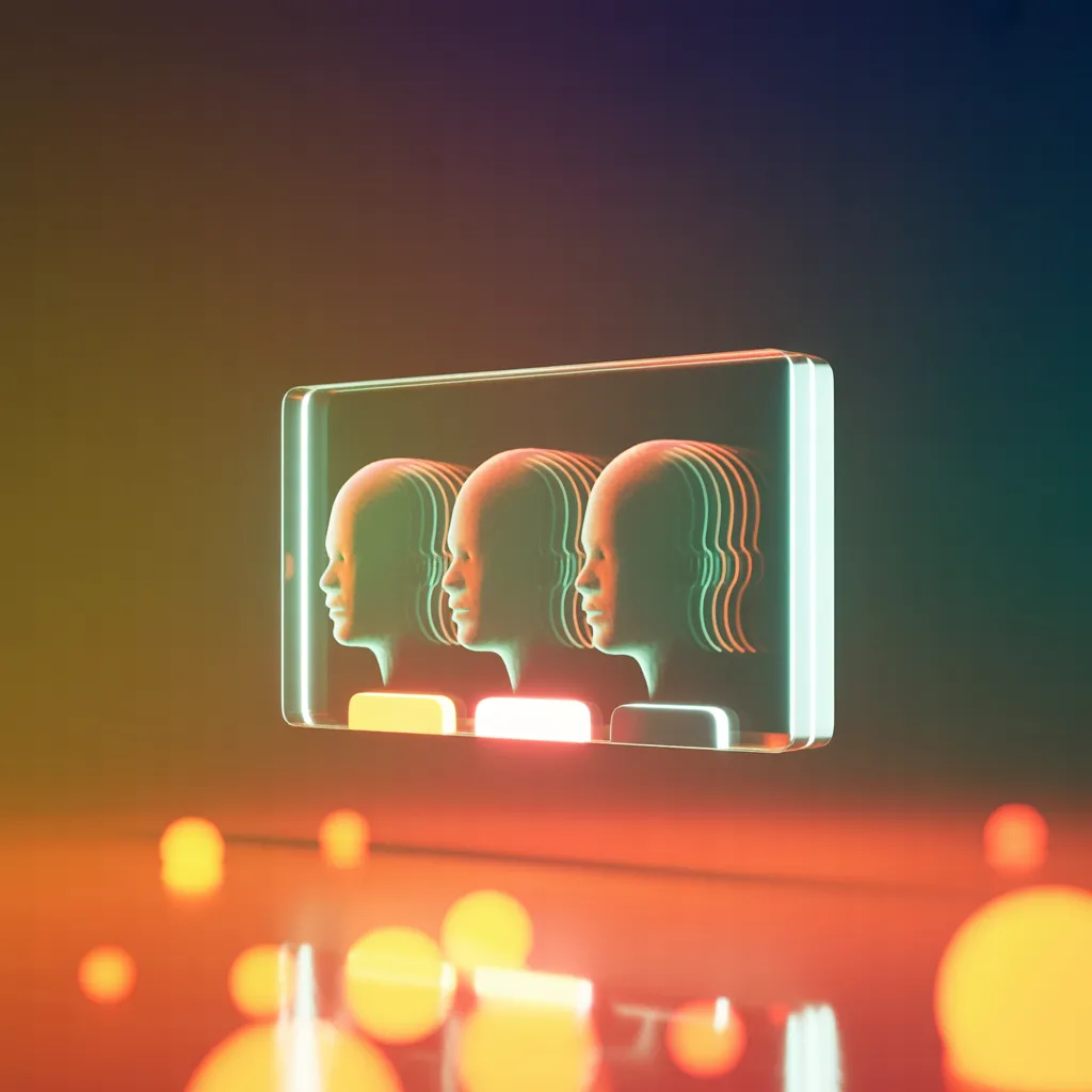 Translucentes Glas-Video-Call-Panel mit drei holografischen Profilsilhouetten — symbolisiert den vorbereitenden Discovery-Call