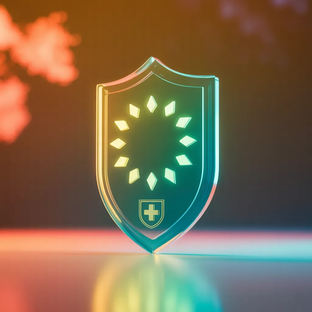 Translucentes Glas-Schild mit zwölf EU-Sternen und Schweizer Kreuz — symbolisiert EU AI Act für KMU