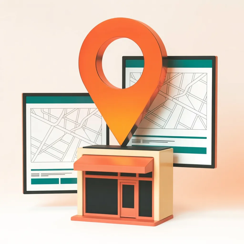 3D storefront with floating map pin