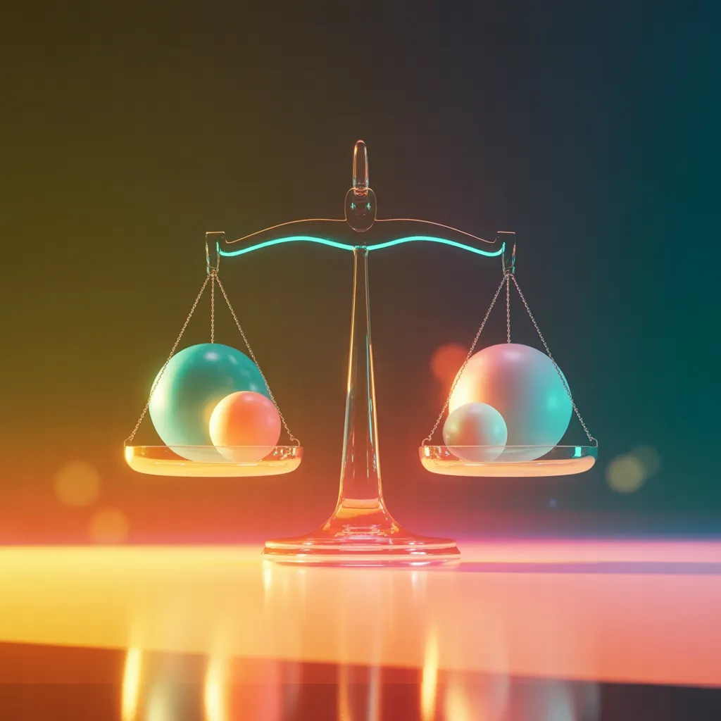 Translucente Glas-Balkenwaage mit leuchtenden Gewichts-Orbs — symbolisiert das Weighted Scoring der Use Cases