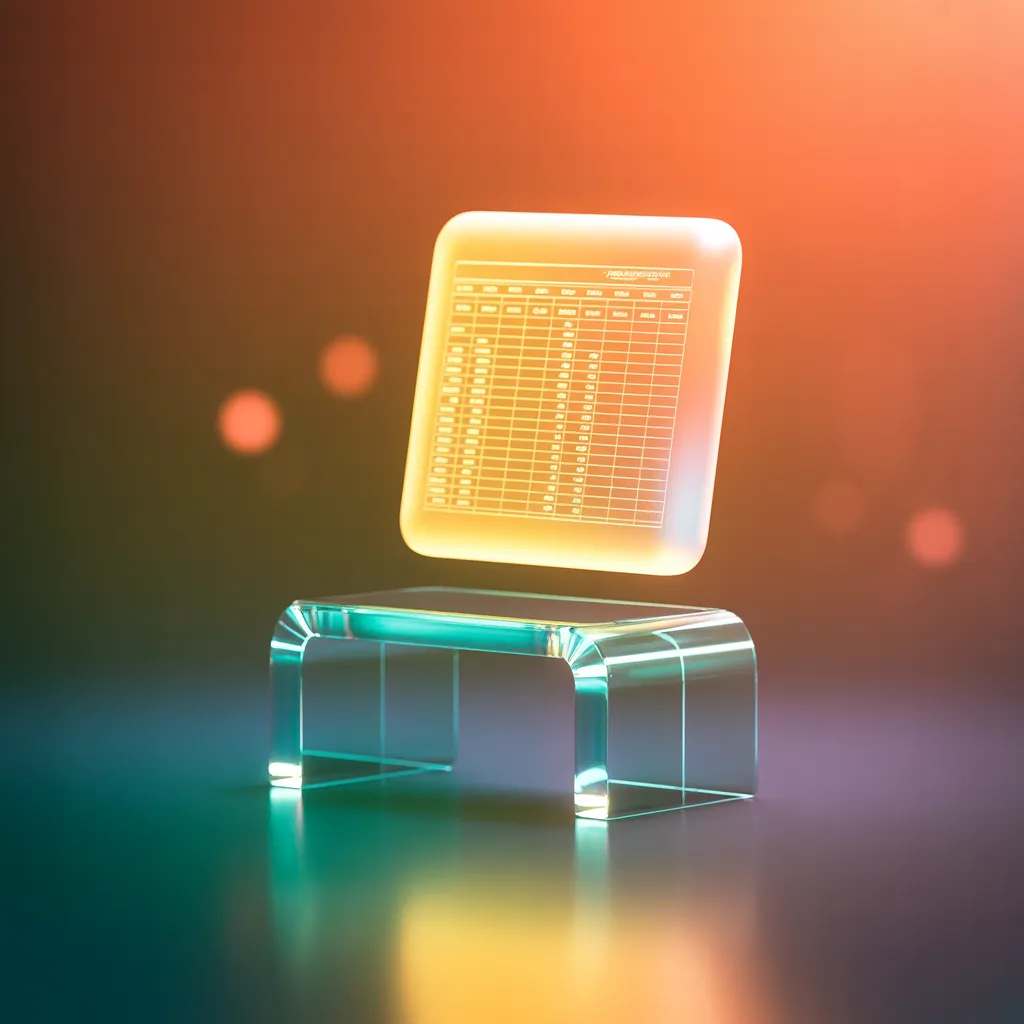 Translucent glass workbench with holographic spreadsheet morphing into a report — symbolises real use cases