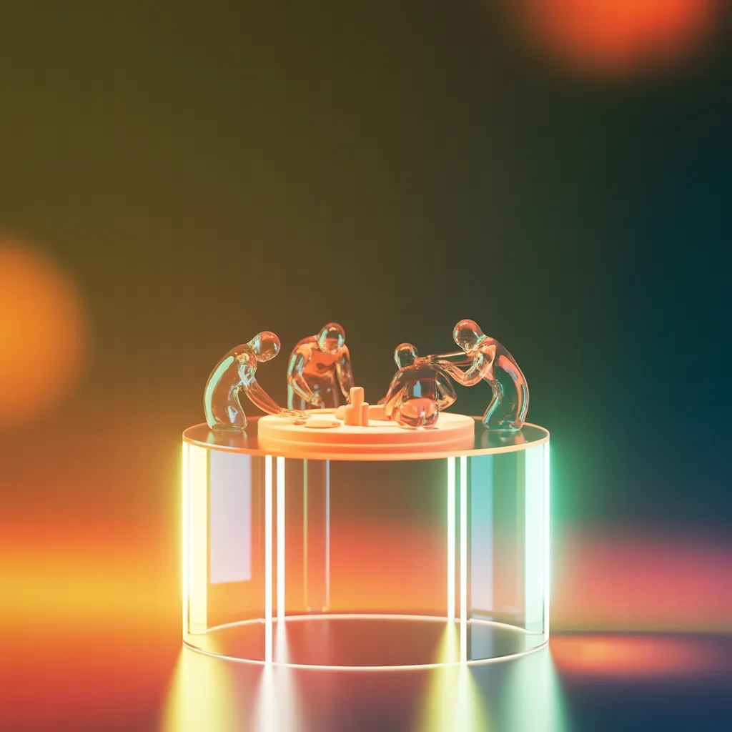 Translucent glass round-table workshop diorama with glass figurines — symbolises the half-day on-site workshop
