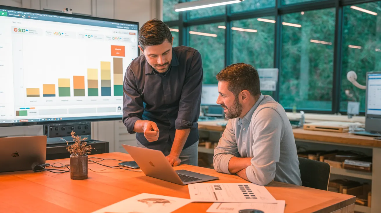 Zwei Personen besprechen steigende Wachstumszahlen auf einem Laptop in einem Schweizer KMU-Büro