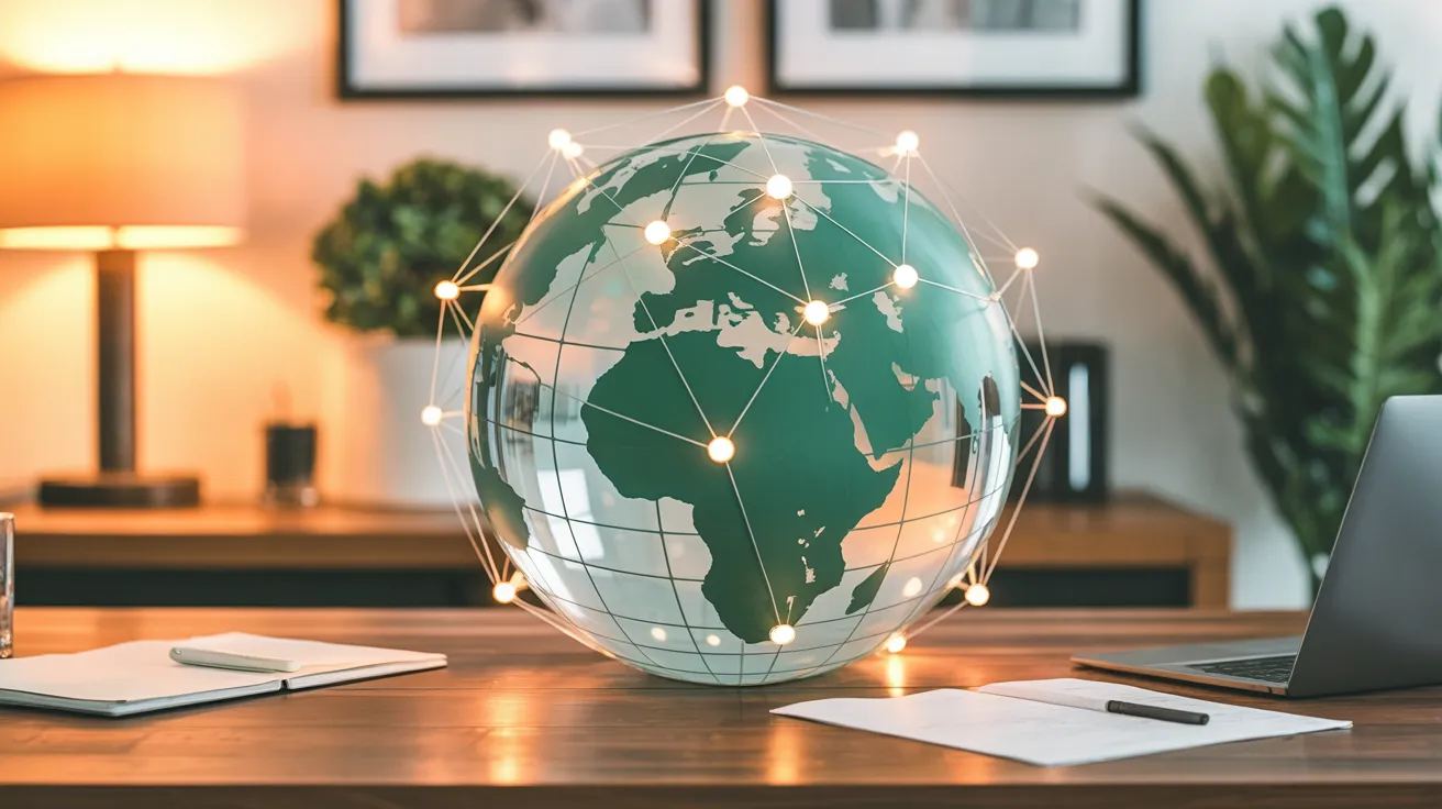Semi-transparent glass globe with glowing network of connected nodes