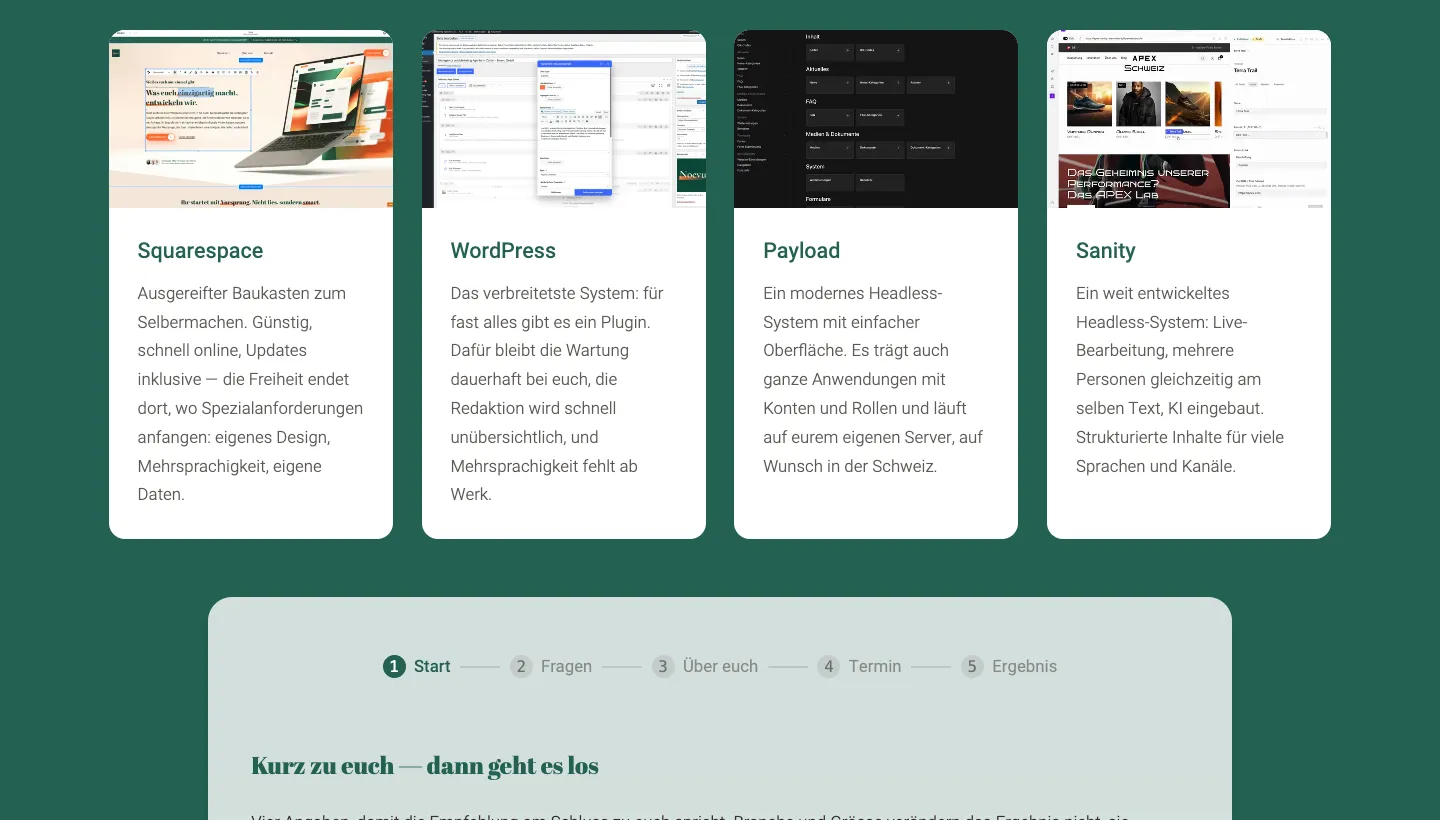 Der CMS-Test auf noevu.ch: vier Karten mit den Oberflächen von Squarespace, WordPress, Payload und Sanity, darunter der erste Schritt des Tests
