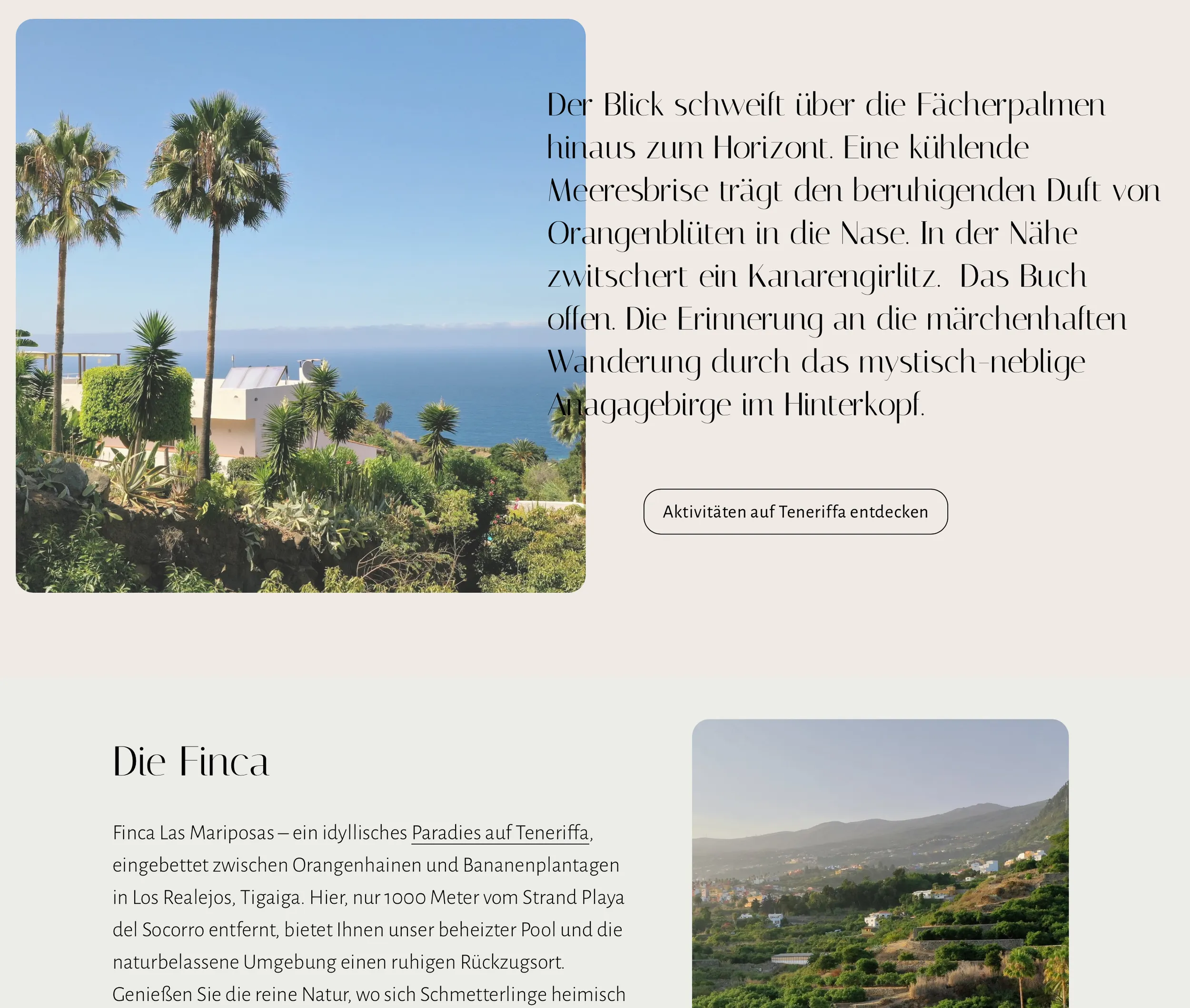 Content-Bereich der Finca Las Mariposas Webseite