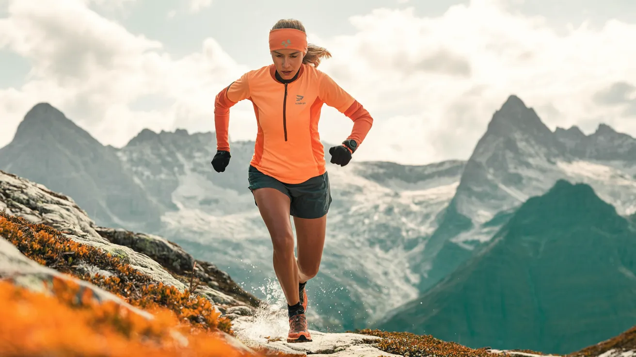 Trailrunnerin sprintet auf Bergpfad mit Schweizer Alpenpanorama