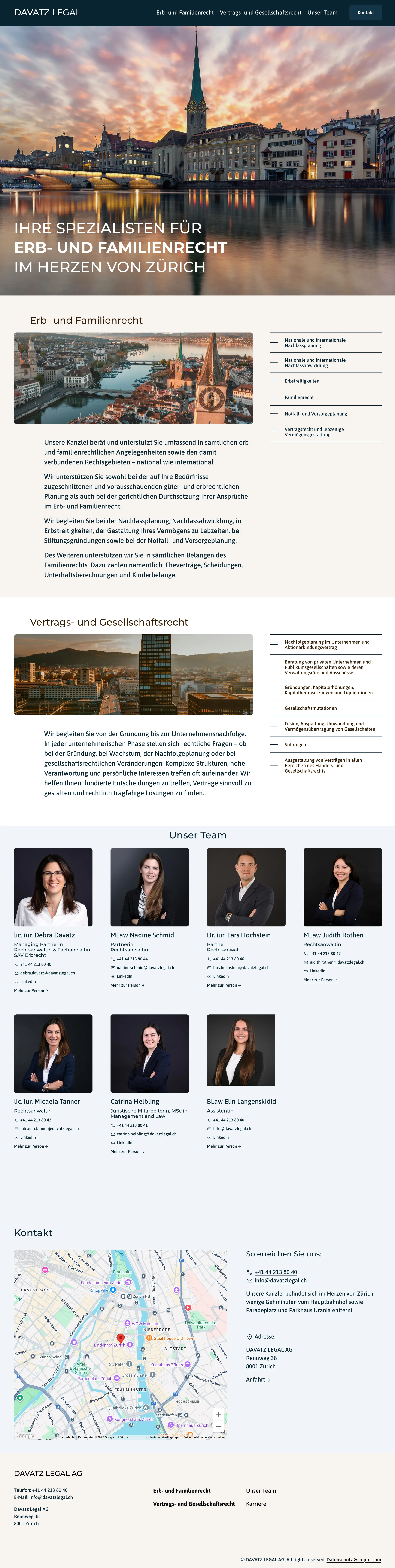 Vollständige Ansicht der neuen Davatz Legal Webseite mit allen Sektionen