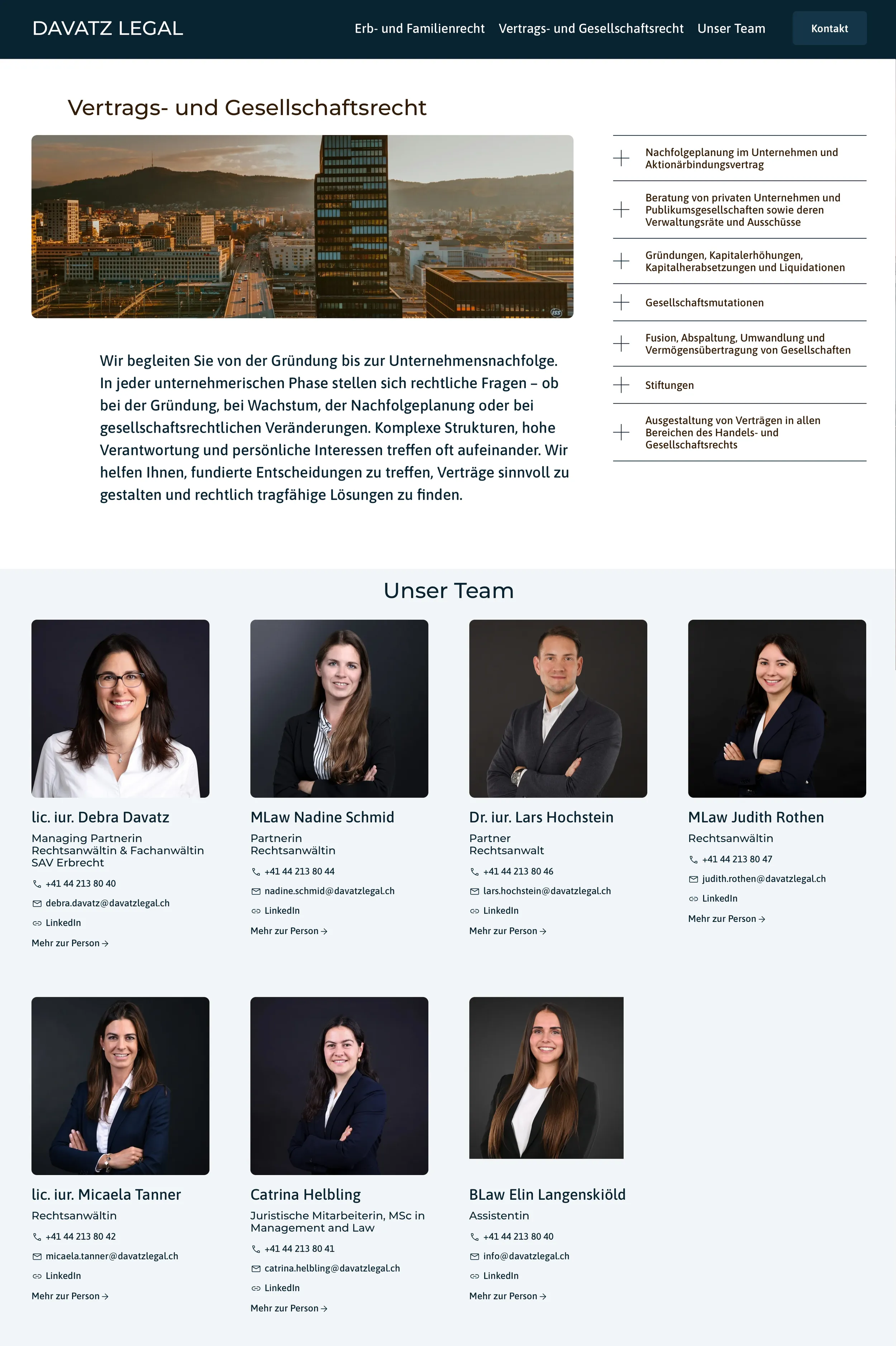 Design-Mockup der neuen Davatz Legal Webseite mit Team- und Kontaktseite