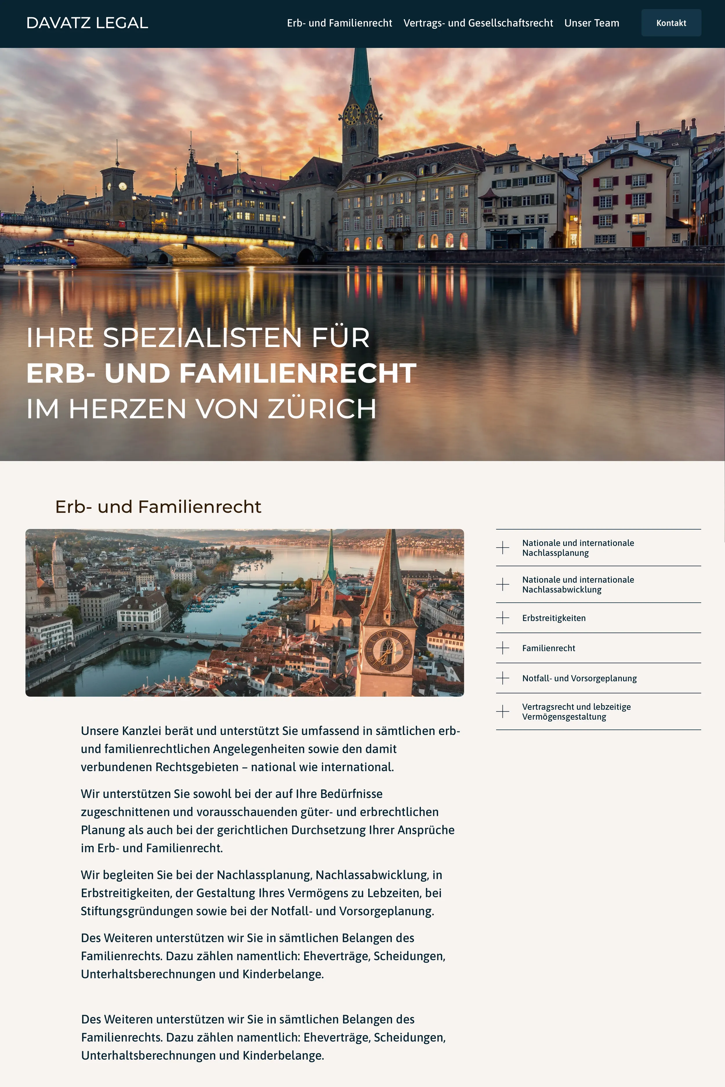 Design-Mockup der neuen Davatz Legal Webseite mit Startseite und Dienstleistungen