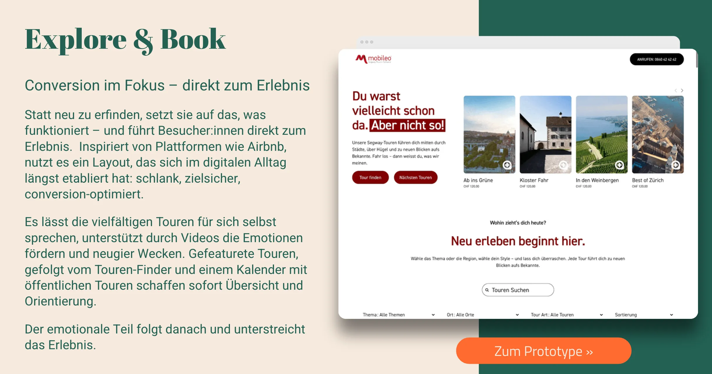 Design-Prototyp Explore & Book – conversion-optimierte Variante der mobileo Webseite