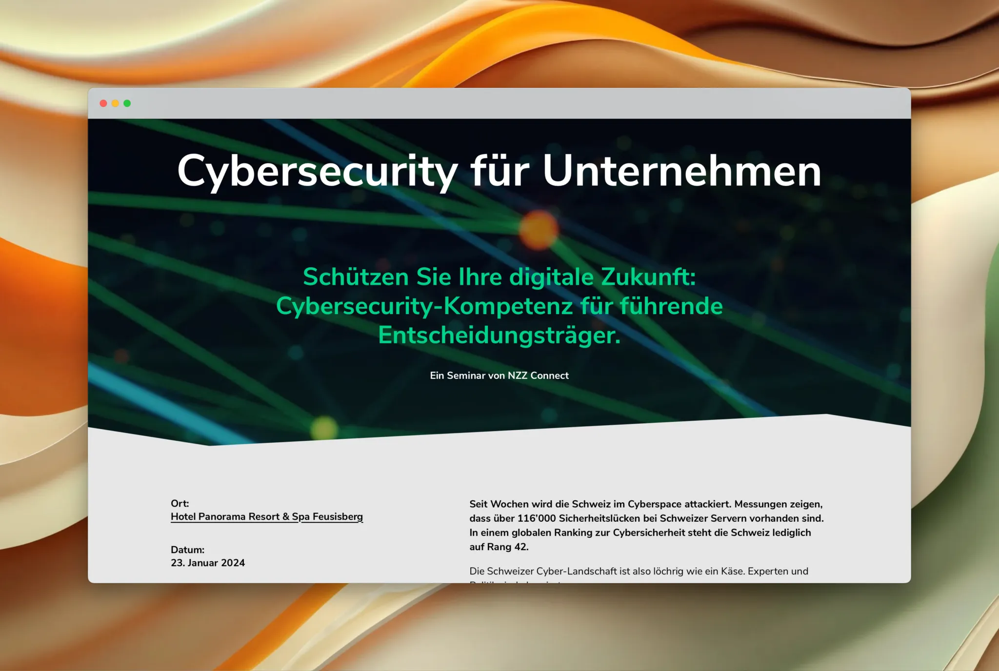 Design-Entwurf der Cybersecurity Seminar Webseite für NZZ Connect