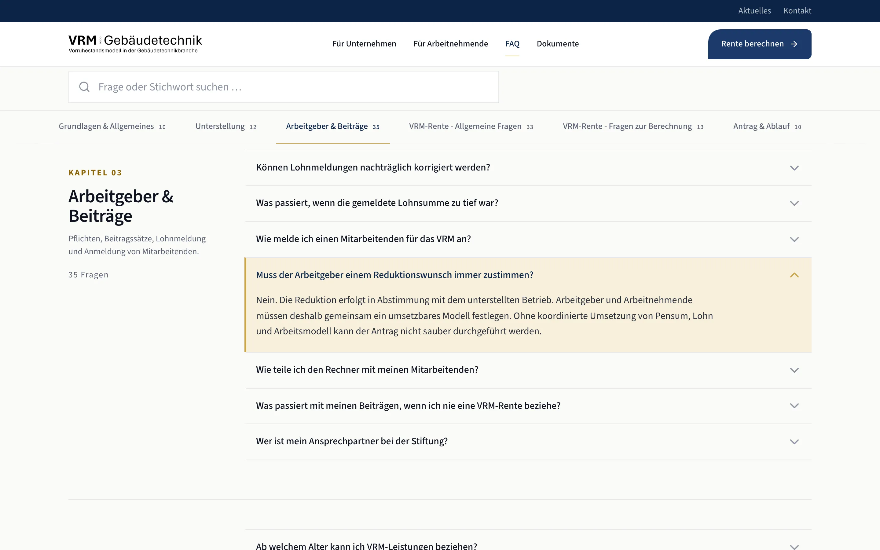 Página de FAQ do site da VRM com campo de busca sobre 118 perguntas
