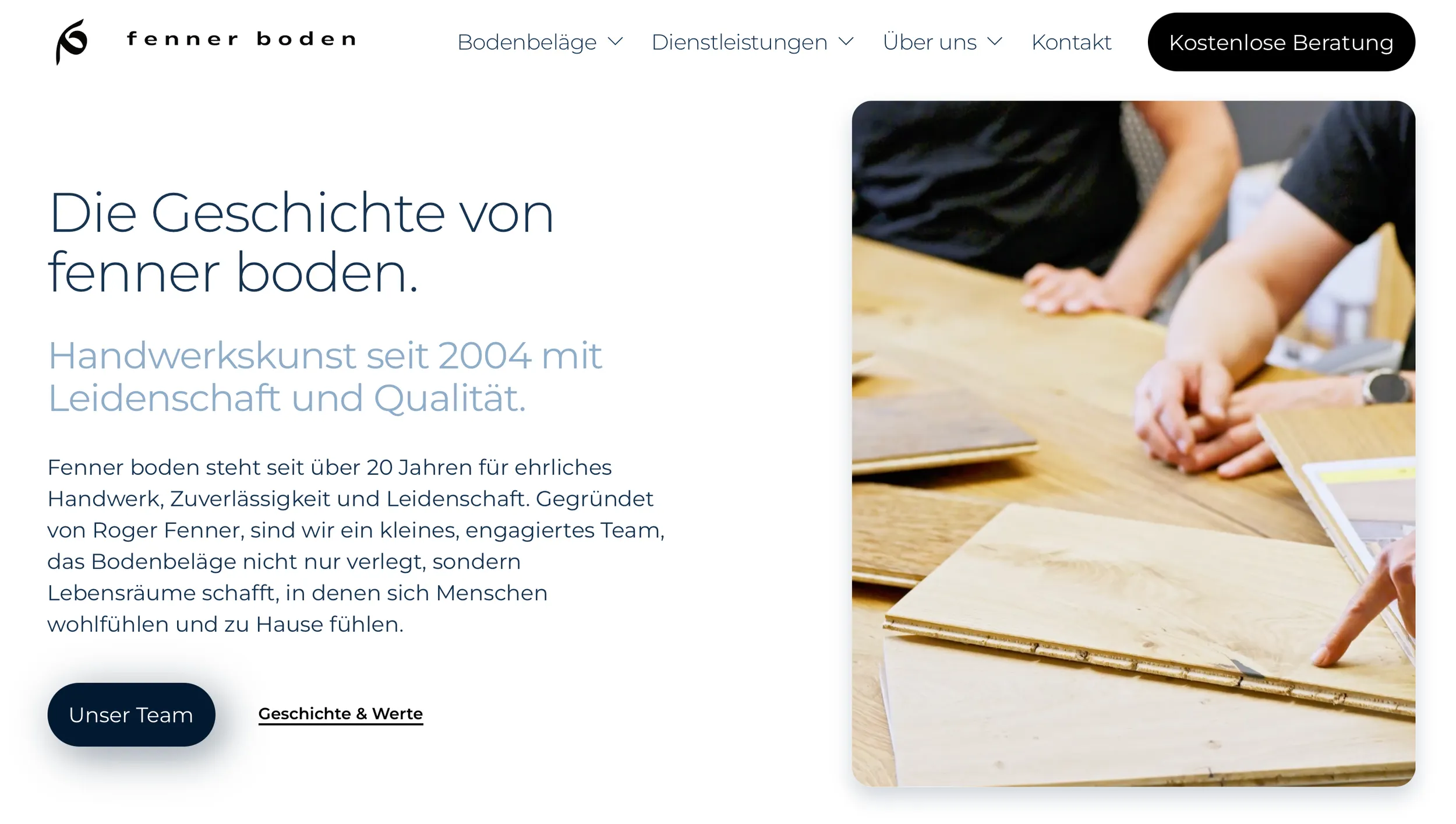 Homepage of fenner boden, a flooring contractor in canton Zurich — modern Squarespace web design with photography from the workshop
