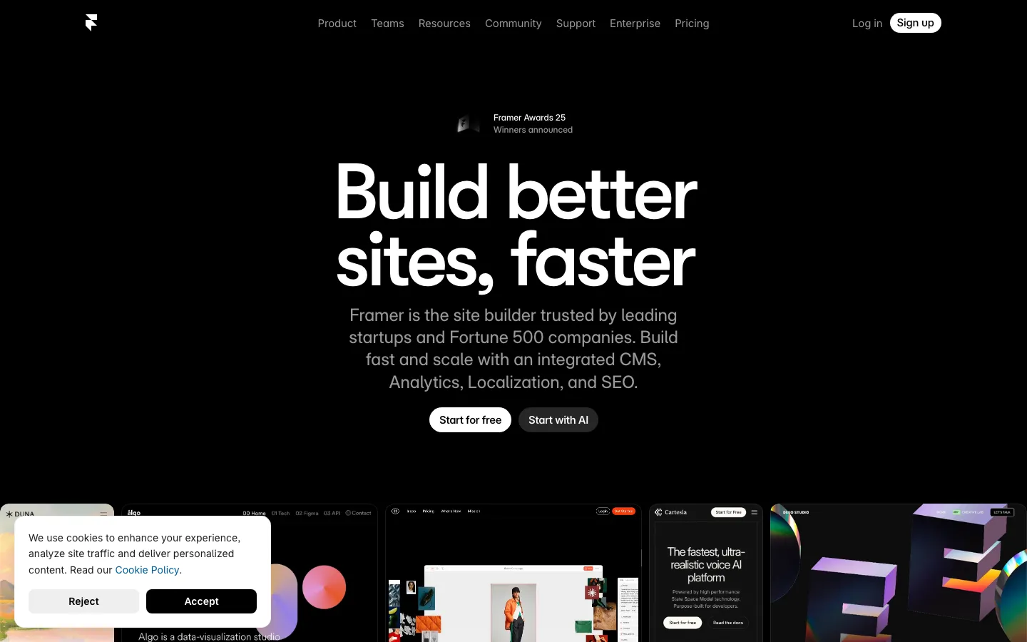 Homepage do Framer 2026 — construtor de sites design-first com crescimento de 400% de usuários