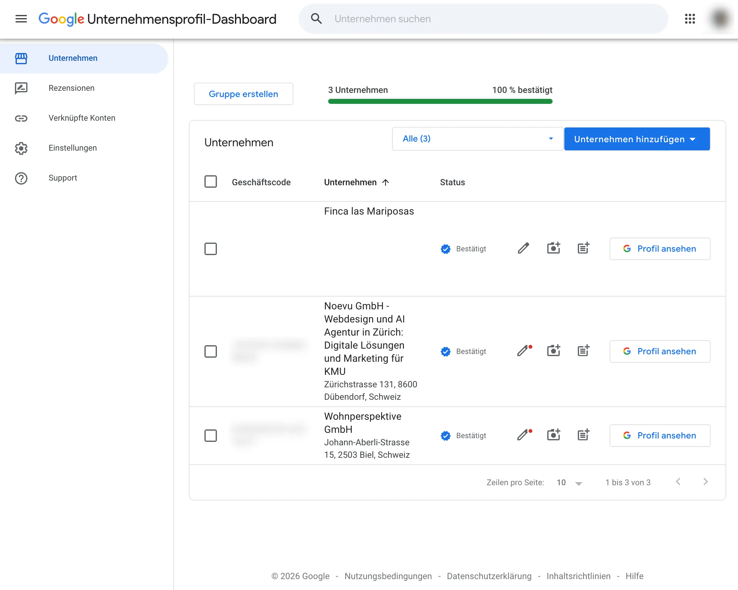 Google Business Profile dashboard with an overview of three verified Swiss companies (Finca las Mariposas, Noevu GmbH, Wohnperspektive GmbH) …