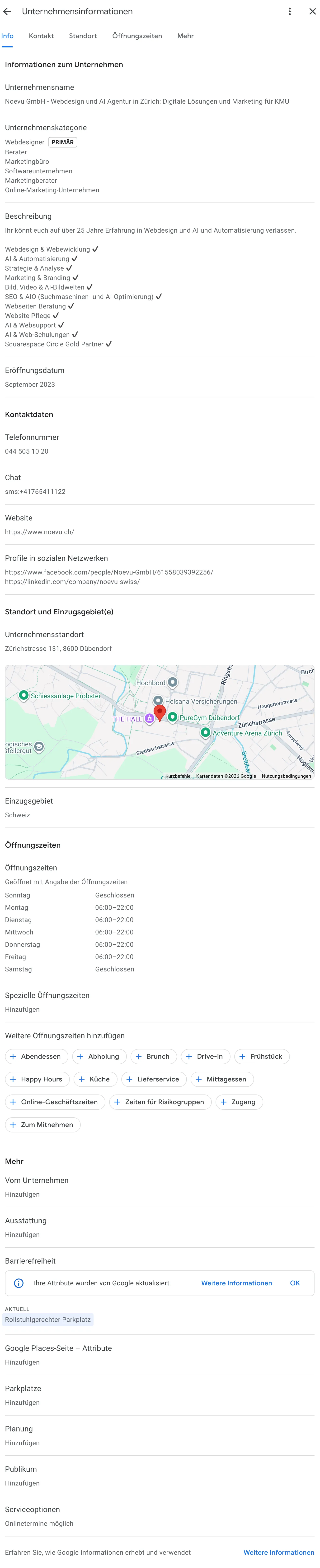 Detail view of a Google Business Profile: required fields from name, category, and description through phone, chat, and social profiles …