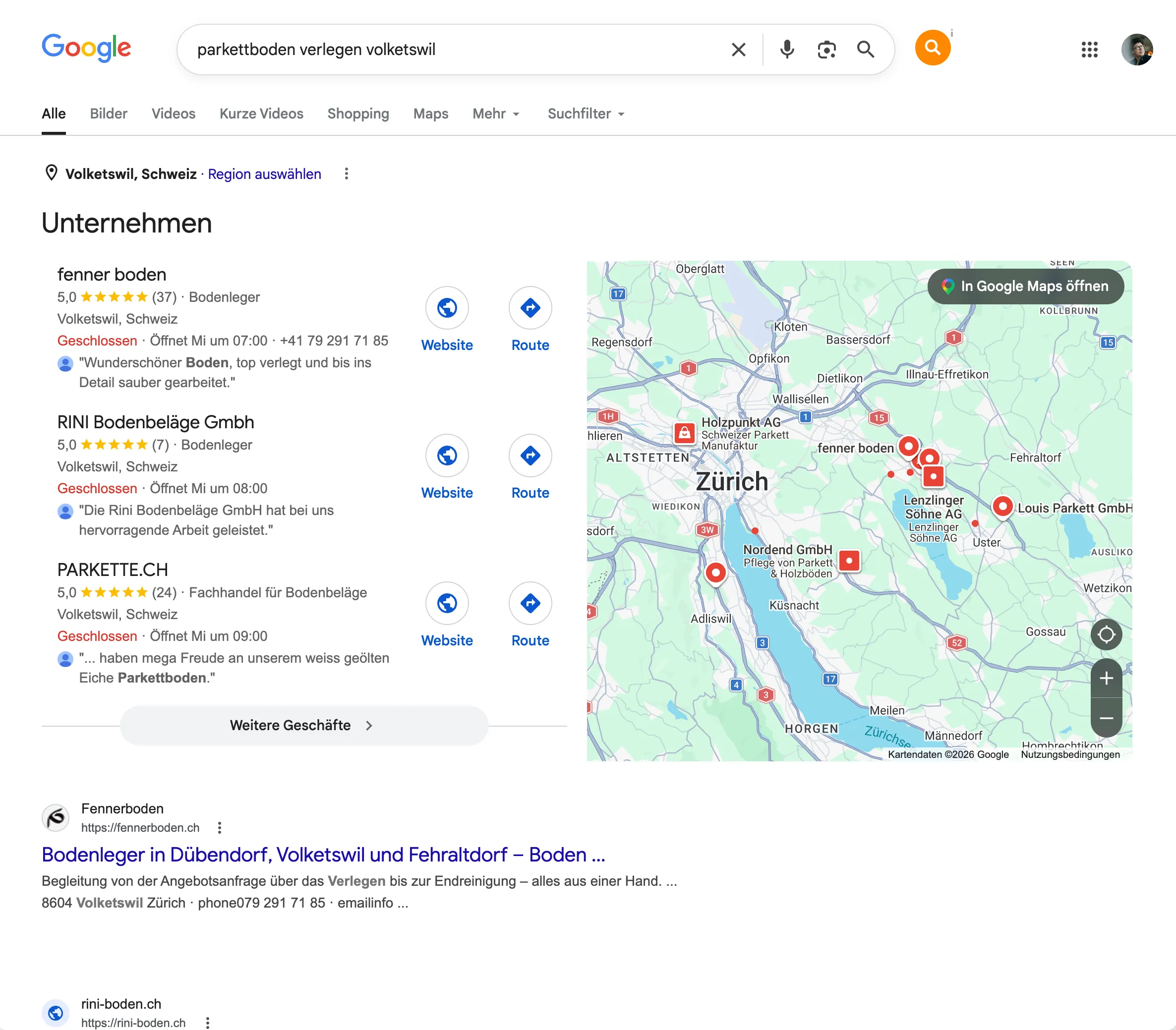 Google search results for «parquet floor installation volketswil»: Local Pack with three Swiss flooring company listings (fenner boden, RINI Bodenbeläge …