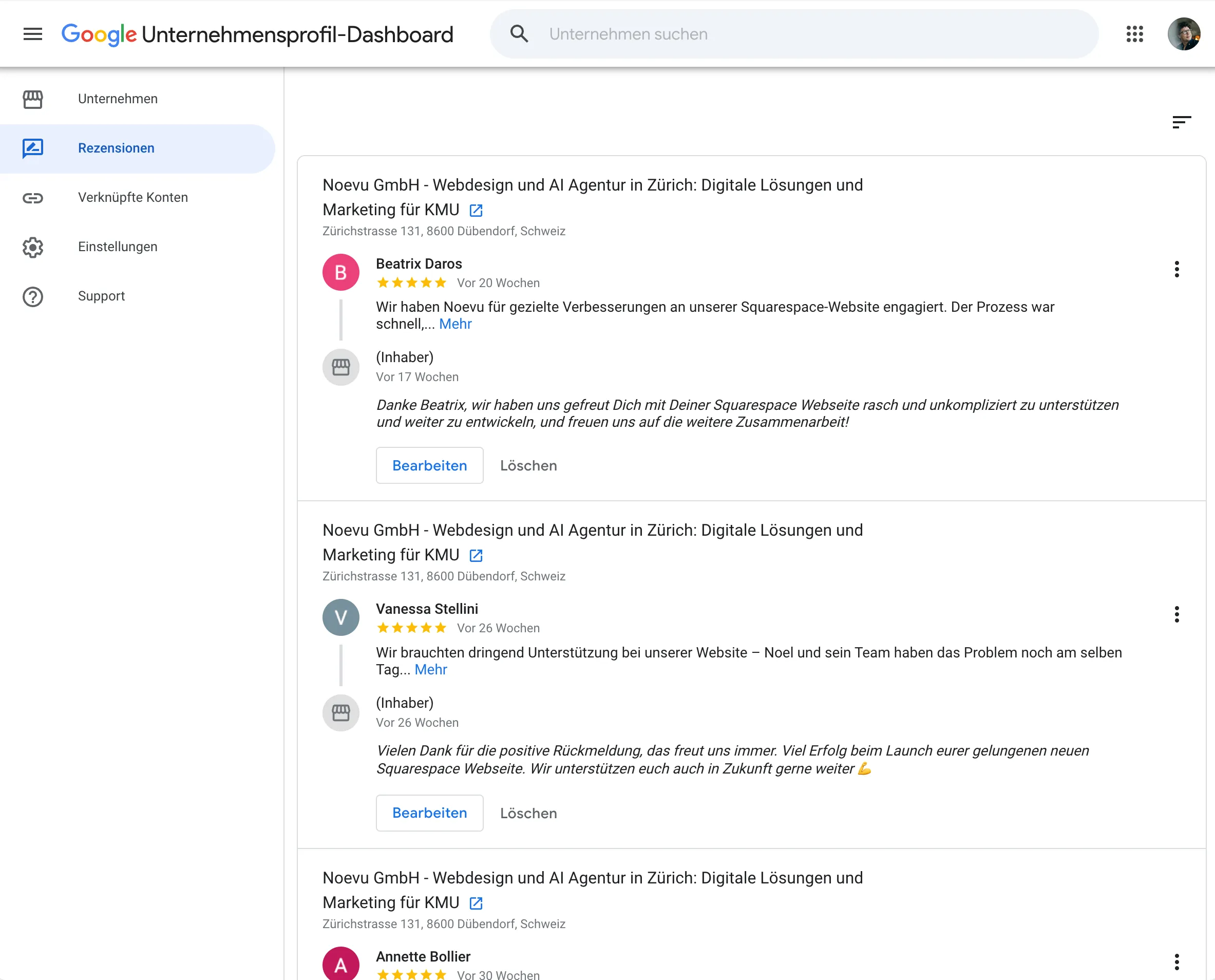 Review tab in the Google Business Profile dashboard: three customer reviews of Noevu GmbH, each with a personally worded owner response below …