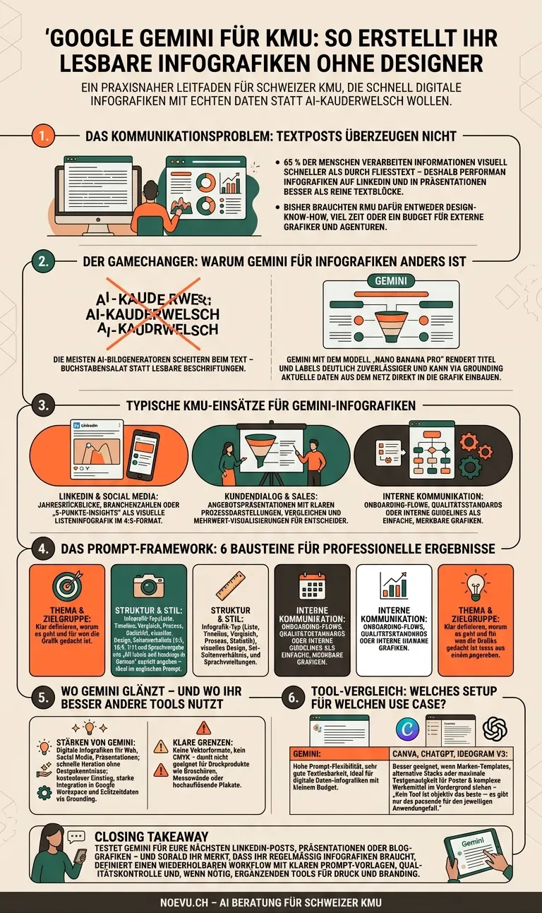 Beispiel-Infografik von Google Gemini: «Google Gemini für KMU». 6 nummerierte Abschnitte mit Fliesstext, Icons und Tabellen — Noevu-Farbpalette.