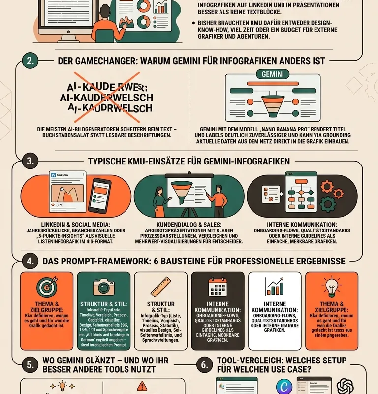 Example infographic from Google Gemini: «Google Gemini für KMU». Six numbered sections with body text, icons and tables — Noevu palette.