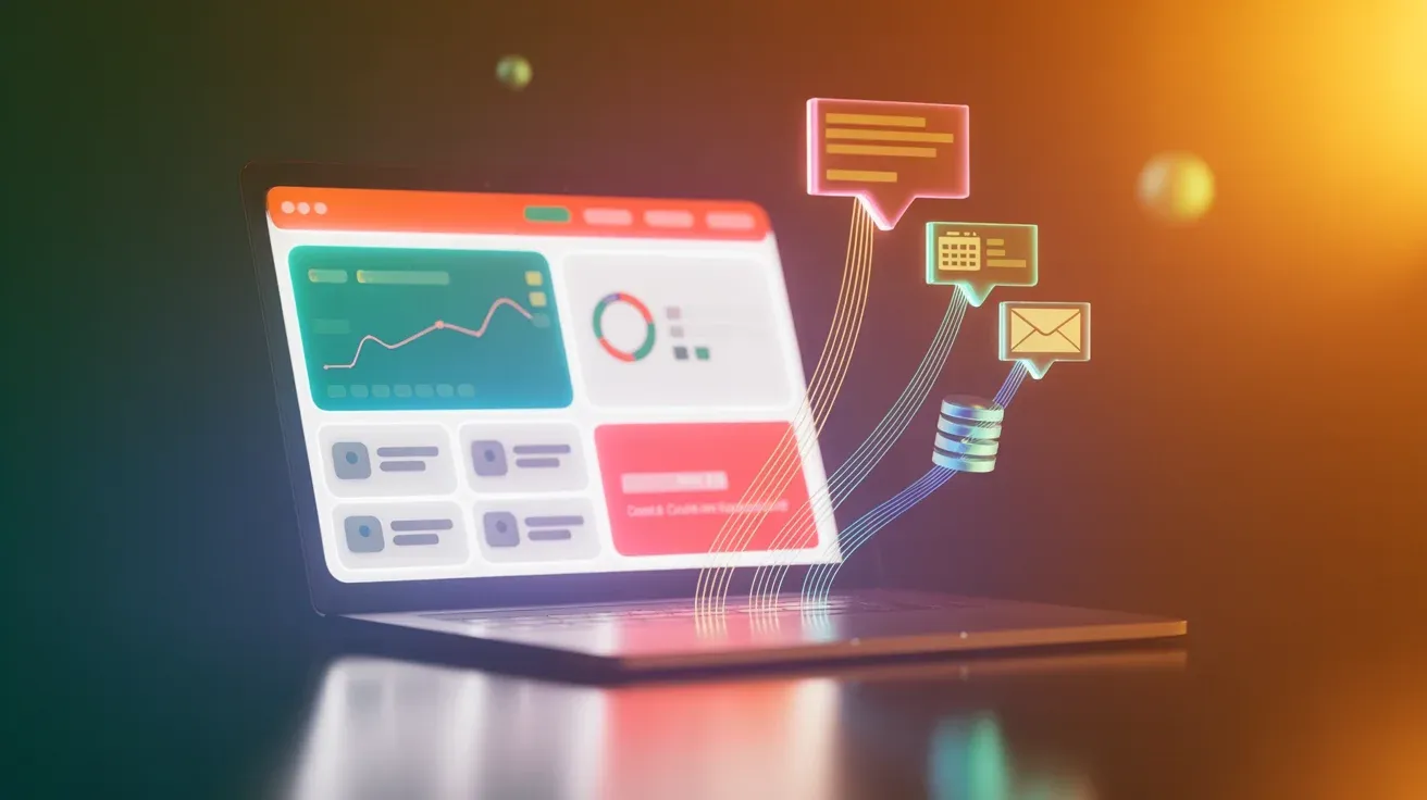 Abstrakte Darstellung eines KI-Chatbot-Gesprächs mit vernetzten Chat-Blasen und Integrations-Symbolen