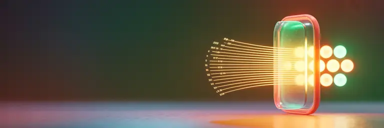 Composição 3D editorial: painel de resposta flutuante com arcos luminosos conectando nós de fontes em fundo verde-petróleo profundo