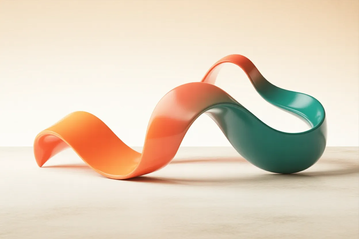 Render 3D de rastros de movimento suaves e fluidos em Coral e Petróleo sobre fundo creme — símbolo de animação web funcional e discreta
