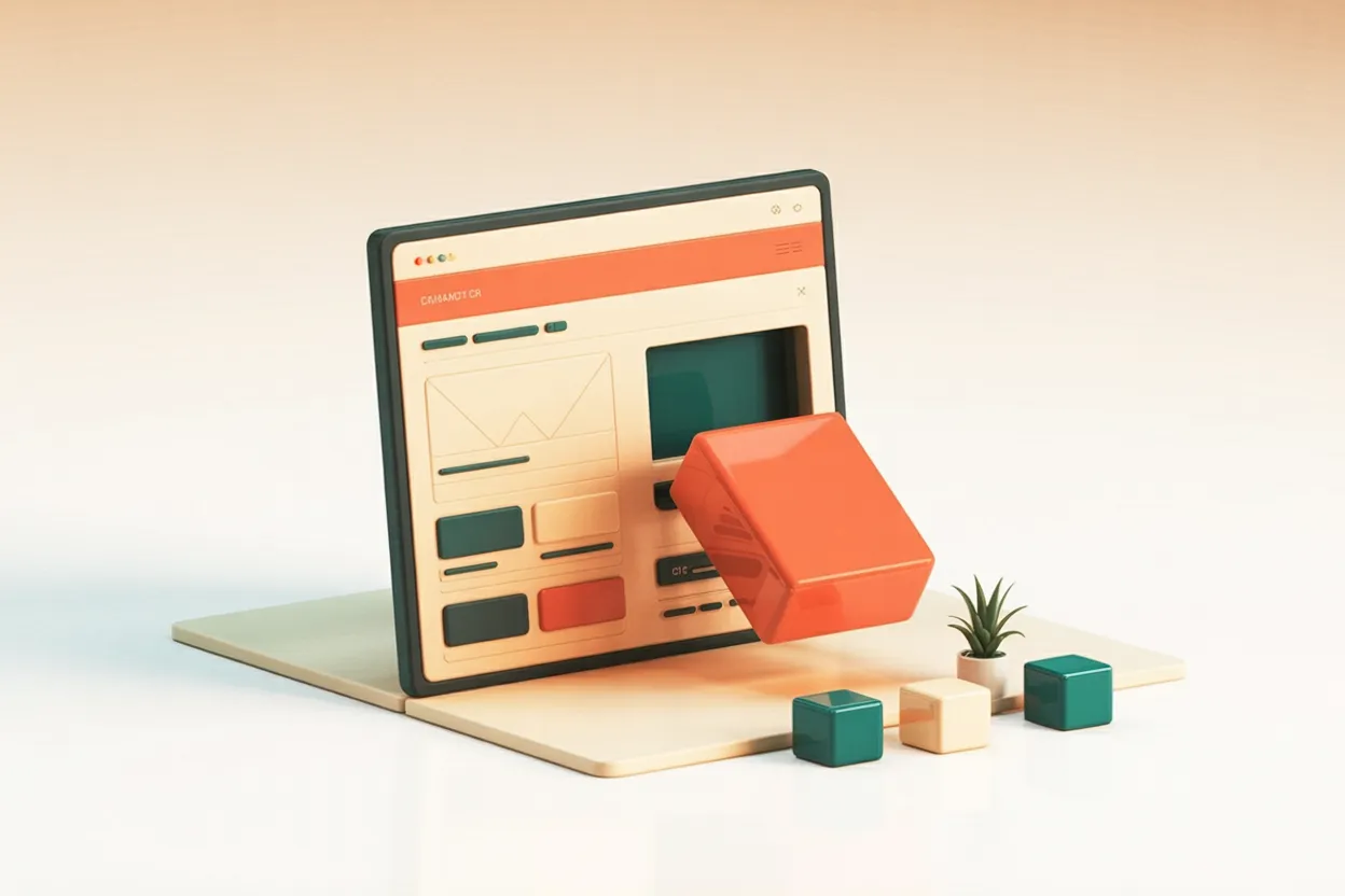 3D illustration: a screen shows a website being assembled, its content blocks in coral and teal snapping into place — Payload as a flexible CMS that builds websites block by block.