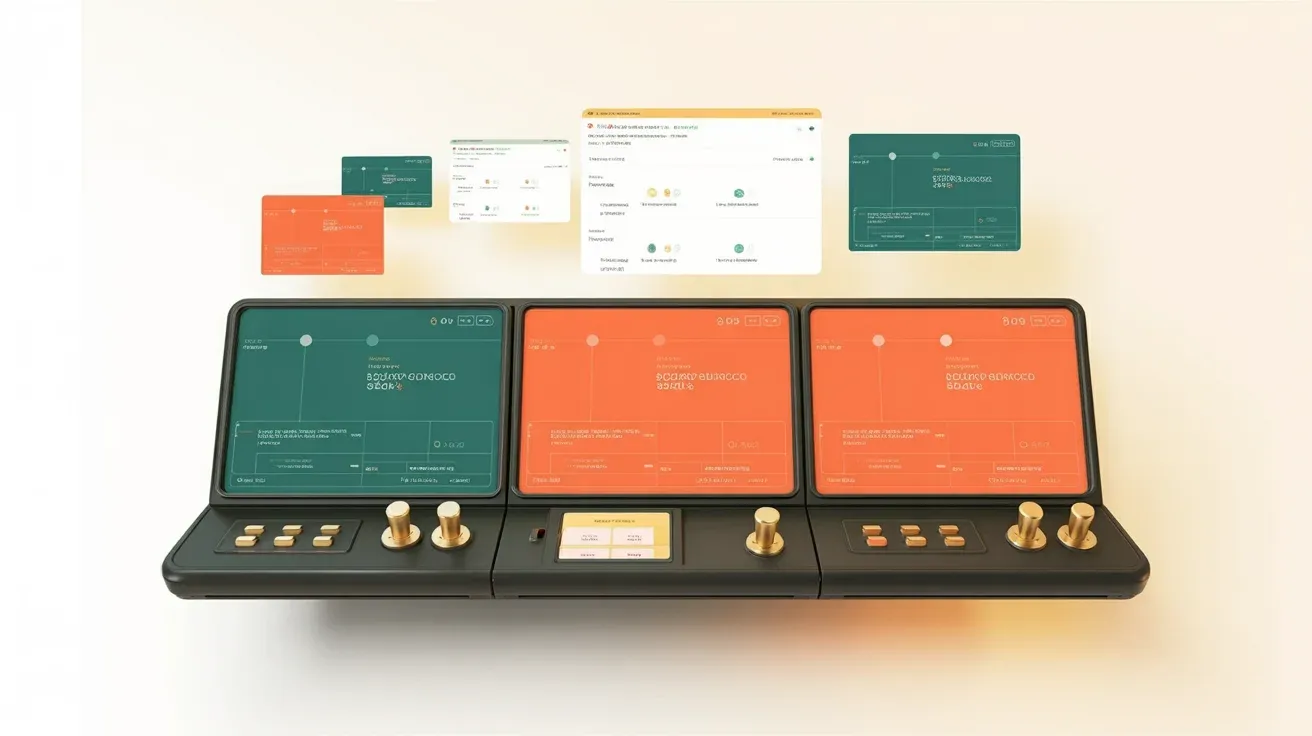 Console retro-futurista de controle de missão com três telas e dashboards de conteúdo — Sanity CMS como Content Operating System