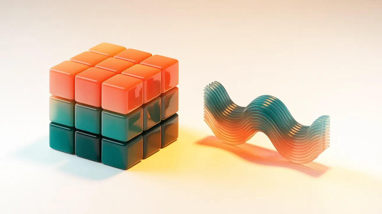 Pilha de blocos geométricos em teal e coral ao lado de uma escultura de onda orgânica como metáfora para Squarespace (estruturado) vs. Webflow (fluido)