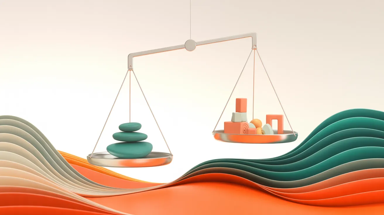 Moderne Balkenwaage mit petrolgrünen und korallfarbenen Formen — Squarespace vs. Wix für Schweizer KMU abwägen