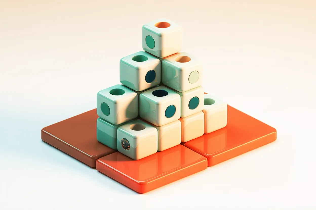 Pirâmide escalonada de blocos cerâmicos modulares sobre plataforma coral — Strapi como Headless CMS open source, auto-hospedado, com princípio de construção modular