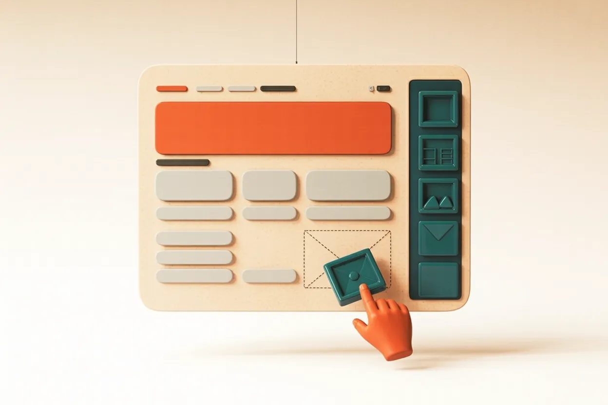 Page editor with a block toolbar: a hand drags an image block into the layout — how WordPress page builders like Elementor and Divi work