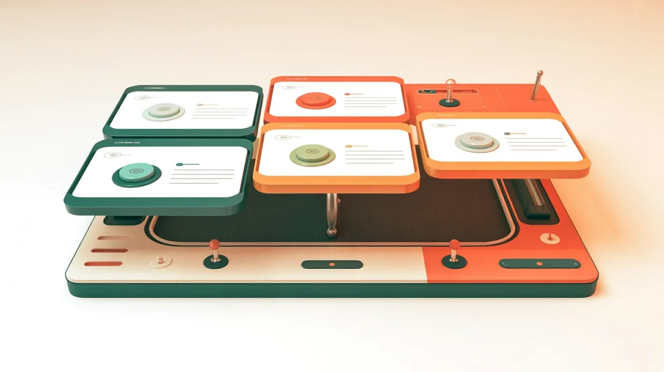 Painel de controle de design modular com seções de página flutuantes — WordPress page builder visualizado