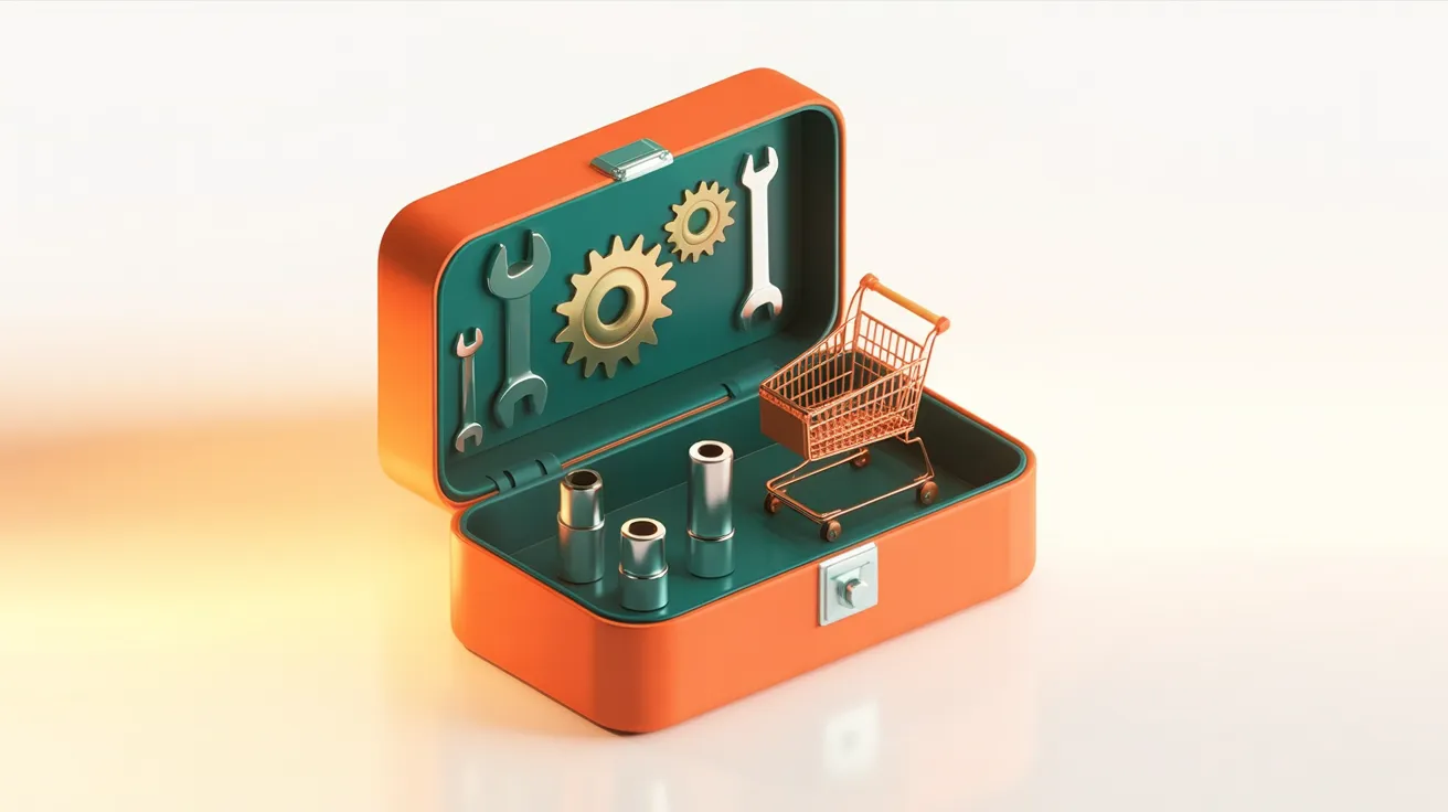 Geöffneter Werkzeugkasten mit Zahnrädern, Steckschlüsseln und einem Warenkorbsymbol — Metapher für WooCommerce als modulares E-Commerce-Werkzeug