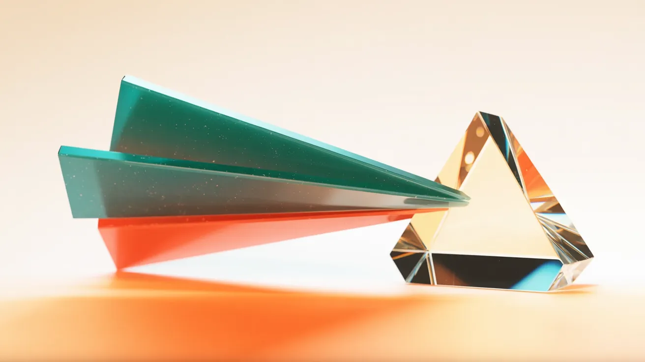 Abstract geometric composition with layered panels in teal and coral — multilingual website structures as a visual metaphor