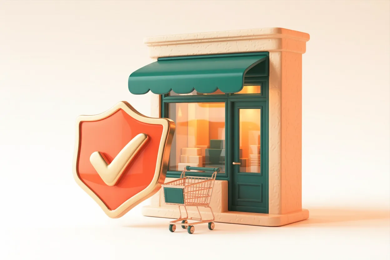 Uma vitrine de boutique em tom creme com toldo verde-escuro, uma exposição bem iluminada de pacotes e um carrinho de compras cor de cobre à frente; em primeiro plano, um ícone de escudo coral vivo com um tique branco — metáfora para uma loja Shopify suíça que resolve o consentimento de cookies de forma limpa e visível