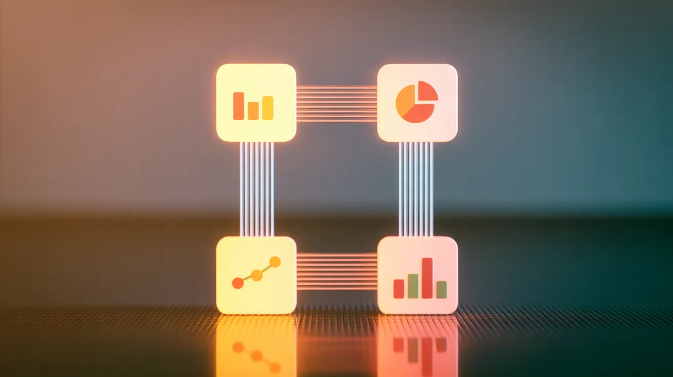 Gemini-Konstellation aus vier leuchtenden Datenvisualisierungs-Knoten — Balkendiagramm, Kreisdiagramm, Liniendiagramm und Streudiagramm — verbunden durch glühende Linien vor dunkelblauem Hintergrund